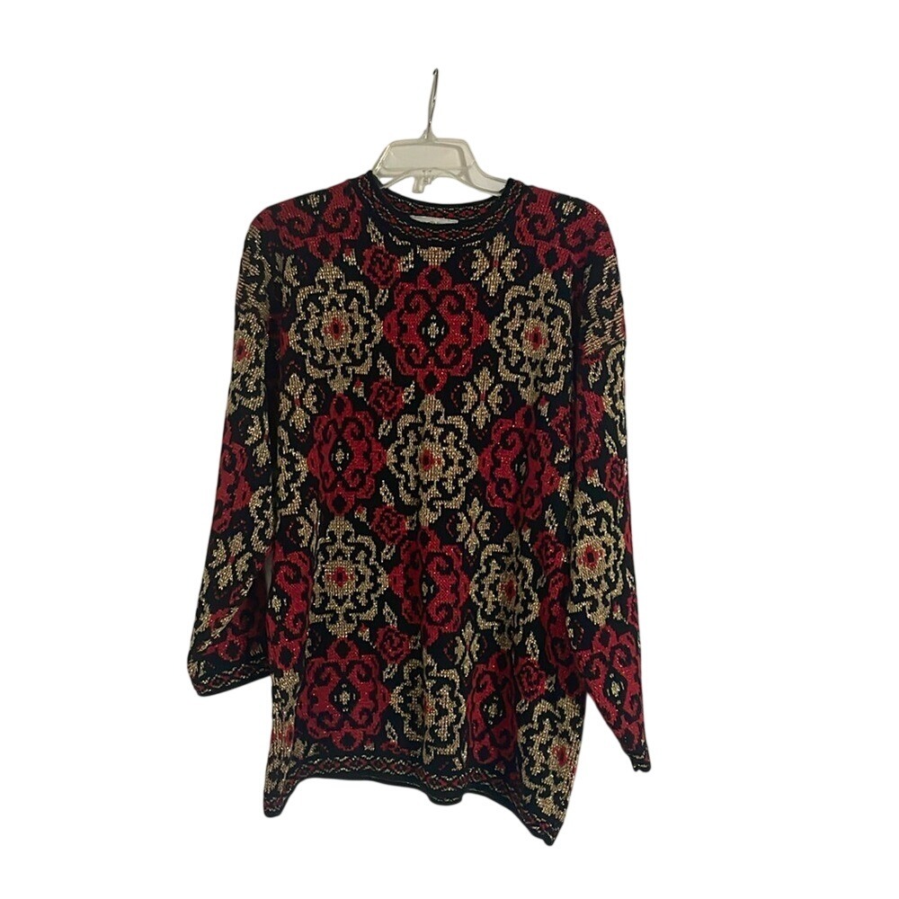 Dana Scott Vintage Red Gold Metallic Medallion Knit Sweater Womens‎ Large USA